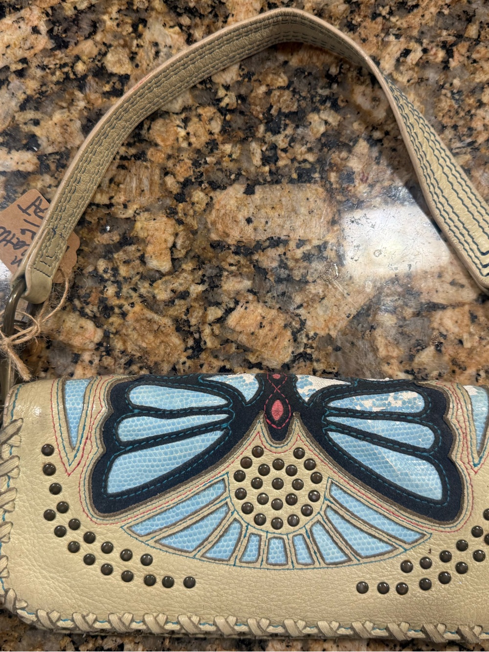 Butterfly Accent Wristlet - Beige and Light Blue
